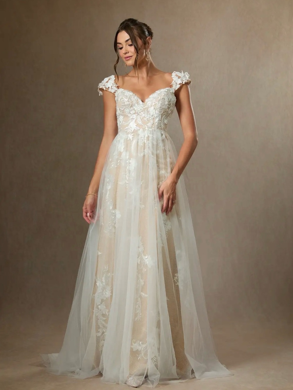 Azazie Ivory Lace Tulle Off-Shoulder Wedding Gown